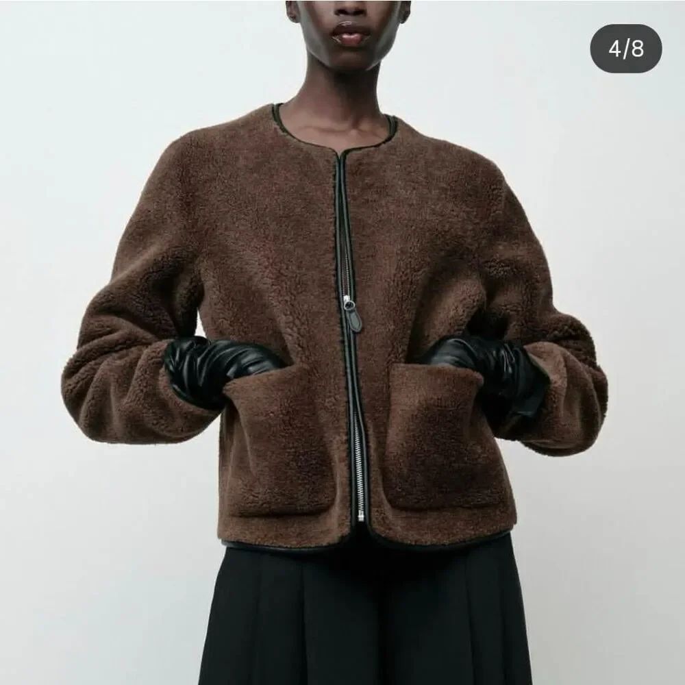 ZARA JACKET WITH FAUX SHEARLING BROWN BLACK XS SHERPA TEDDY COAT FAUX LEATHER XS